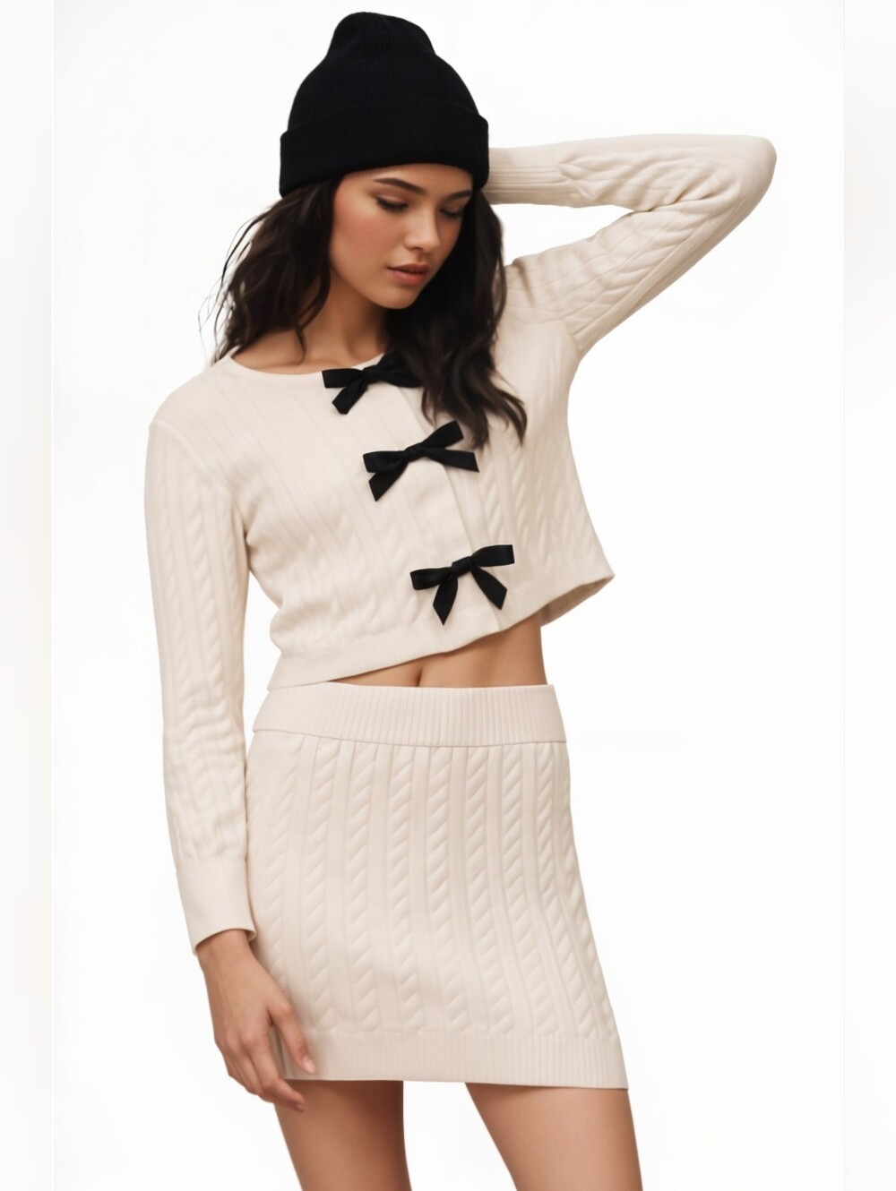 NWT VENUS Cream Cable Knit Sweater and Skirt Set with Black Bows